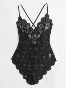 Plus Floral Lace Scallop Trim Teddy Bodysuit - Black - View 5