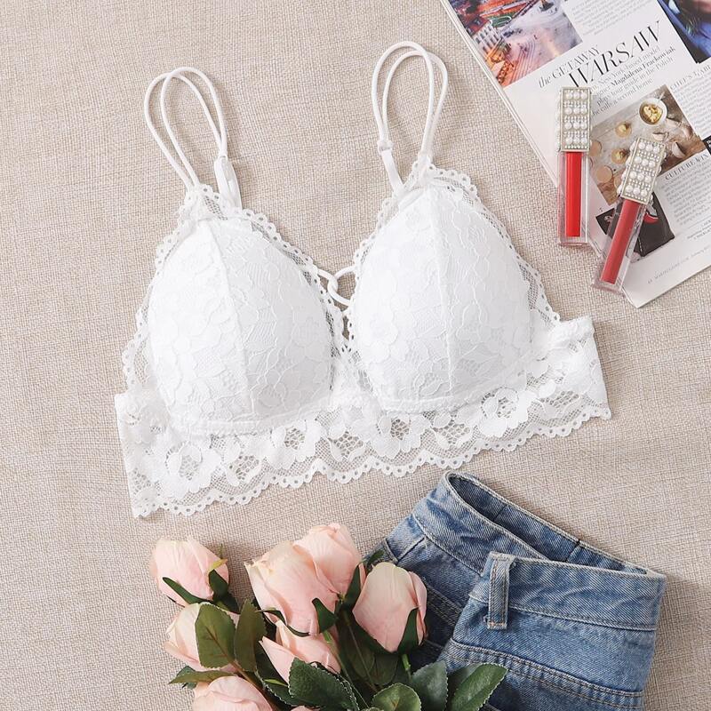 

Floral Lace Triangle Bralette, White