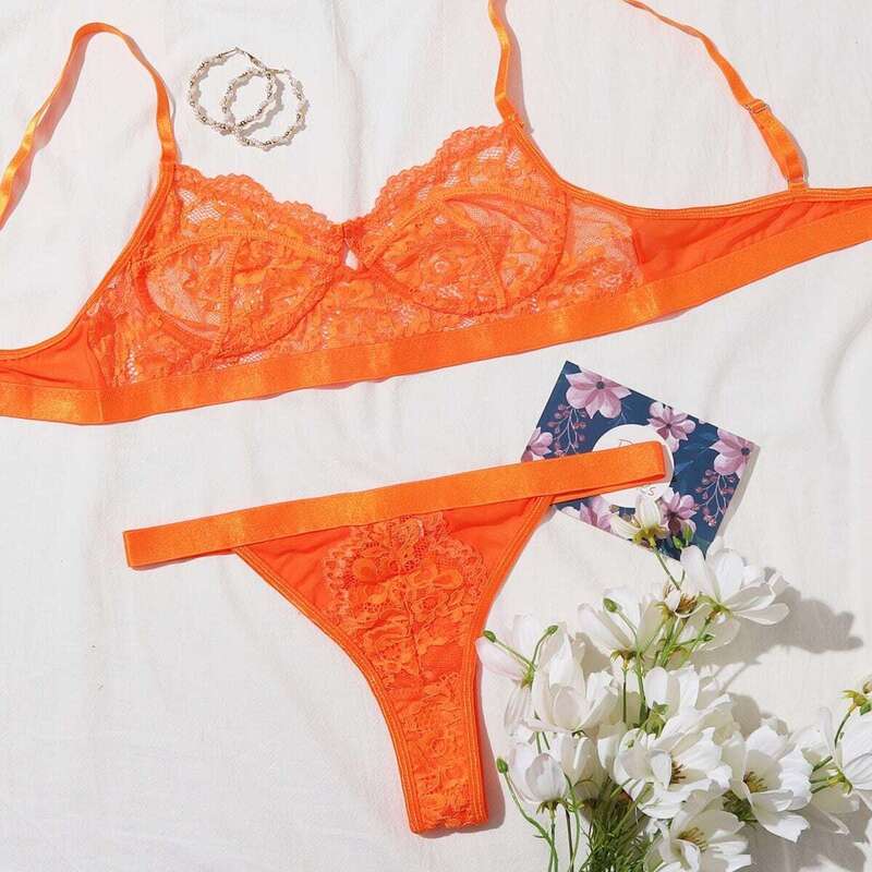 

Floral Lace Thong Lingerie Set, Orange neon