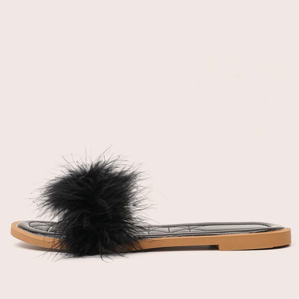 

Faux Fur Decor Slide Sandals, Black