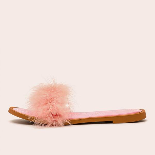 

Faux Fur Decor Slide Sandals, Pink