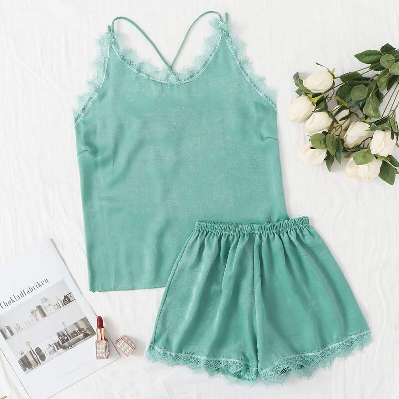 

Lace Trim Cami & Shorts PJ Set, Mint green