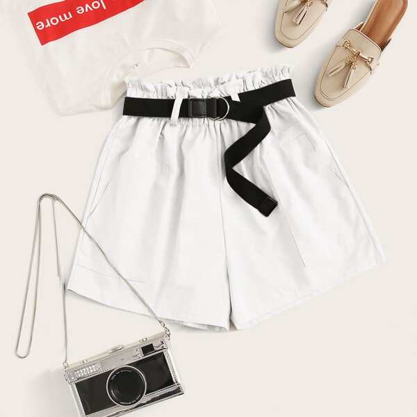 

Plus Paperbag Waist Belted Shorts, White