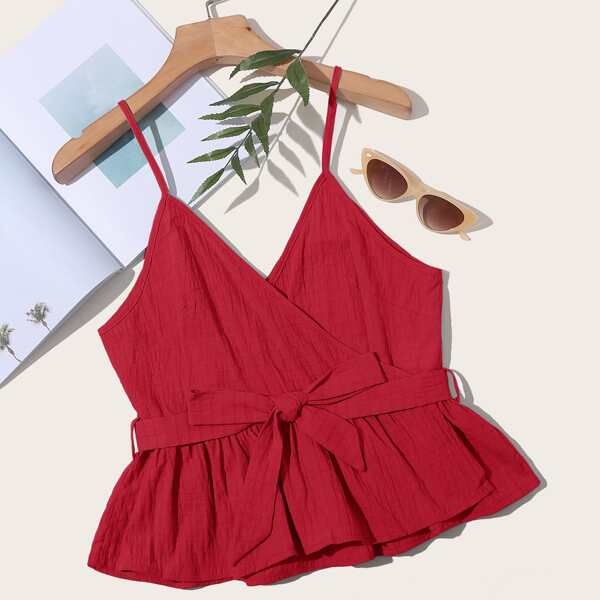 

Plus Solid Belted Peplum Cami Top, Rose red