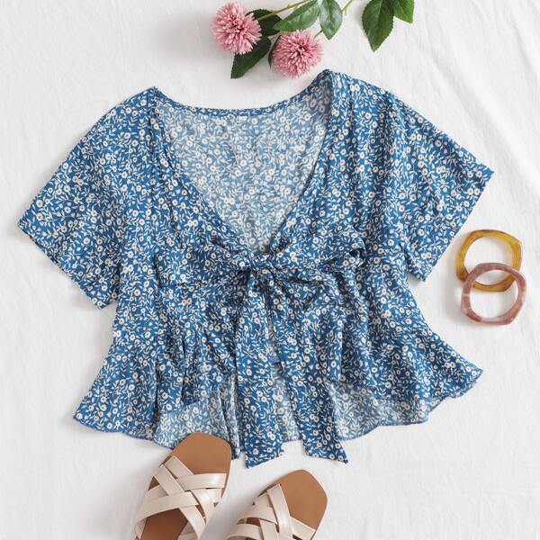 

Ditsy Floral Tie Front Top, Blue