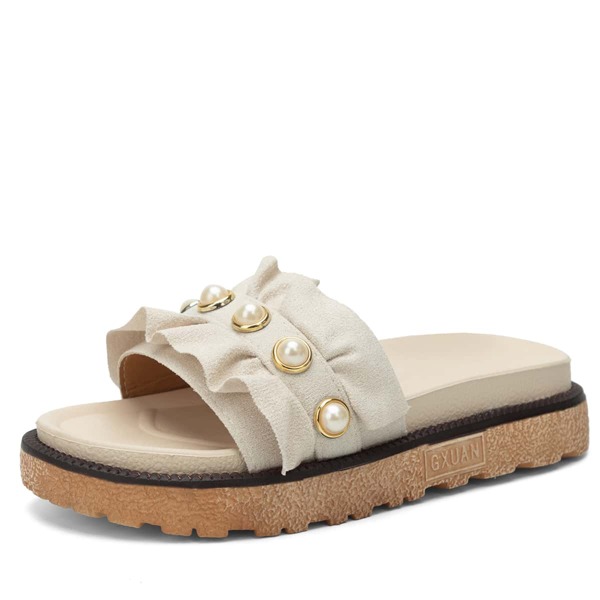 

Faux Pearl Decor Ruffle Trim Slide Sandals, Beige