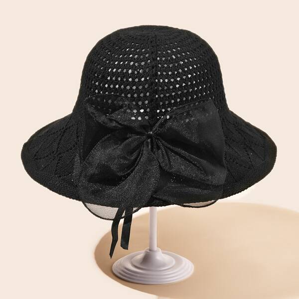 

Bow Knot Decor Woven Bucket Hat, Black