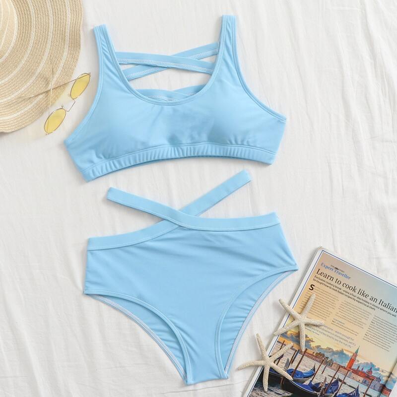 

Criss Cross High Waisted Bikini Swimsuit, Pastel baby blue