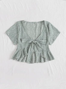 SHEIN Holidaya 滿版圖案前繫帶上衣 - 綠色 - 查看 3