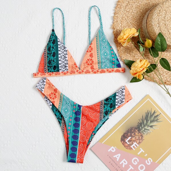 

Tribal Triangle High Cut Bikini Swimsuit, Multicolor