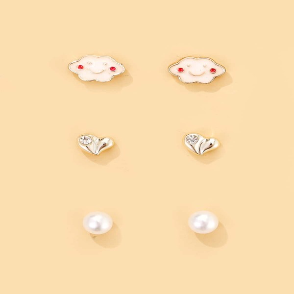 

3pairs Cloud Heart Stud Earrings, Multicolor