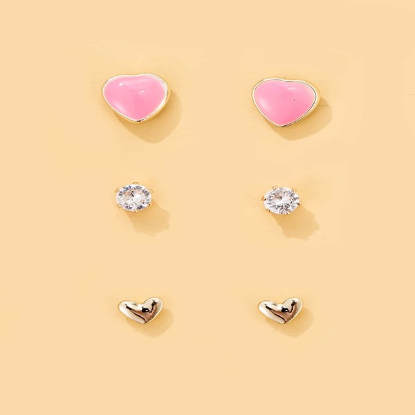 

3pairs Rhinestone Heart Stud Earrings, Multicolor