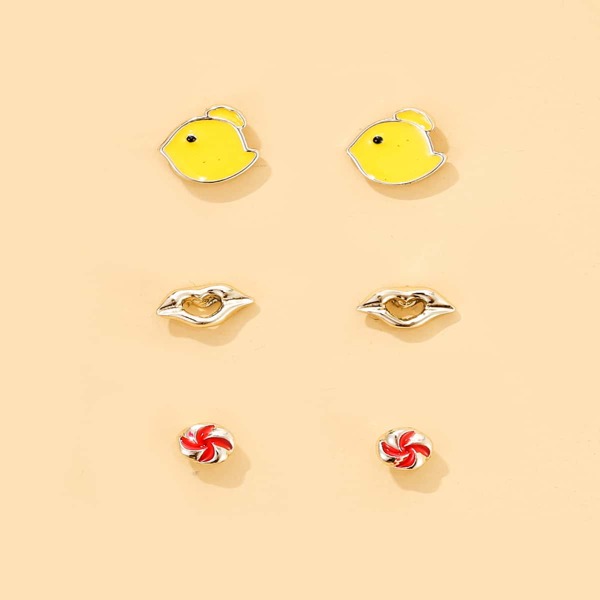

3pairs Lip Heart Stud Earrings, Multicolor