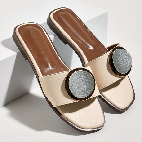 

Metallic Decor Slide Sandals, Beige