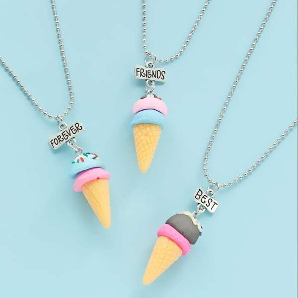 

3pcs Girls Ice Cream Charm Necklace, Multicolor