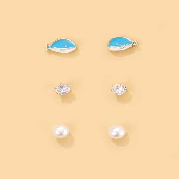 

3pairs Rhinestone Fish Stud Earrings, Multicolor