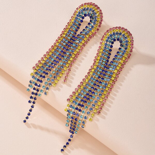 

Colorful Rhinestone Engraved Tassel Drop Earrings, Multicolor