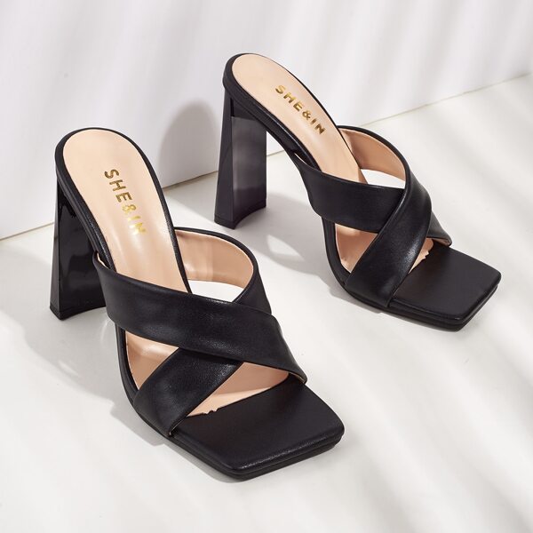 

Cross Strap Chunky Heeled Sandal Mules, Black