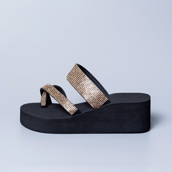 

Rhinestone Decor Toe Post Wedge Mules, Champagne
