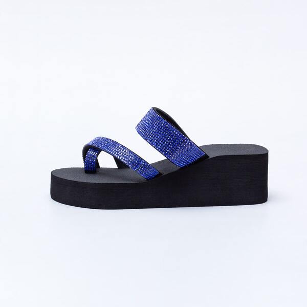 

Rhinestone Decor Toe Post Wedge Mules, Royal blue