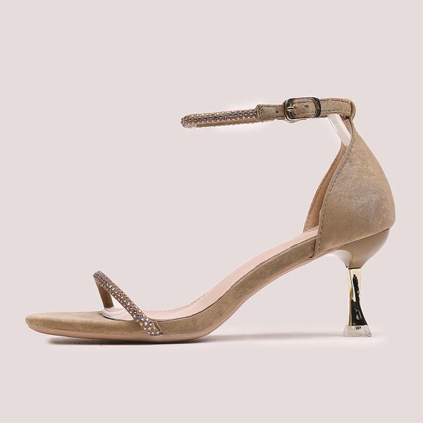 

Rhinestone Detail Ankle Strap Heeled Sandals, Apricot