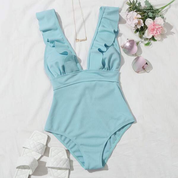 

Textured Ruffle One Piece Swimsuit, Pastel baby blue