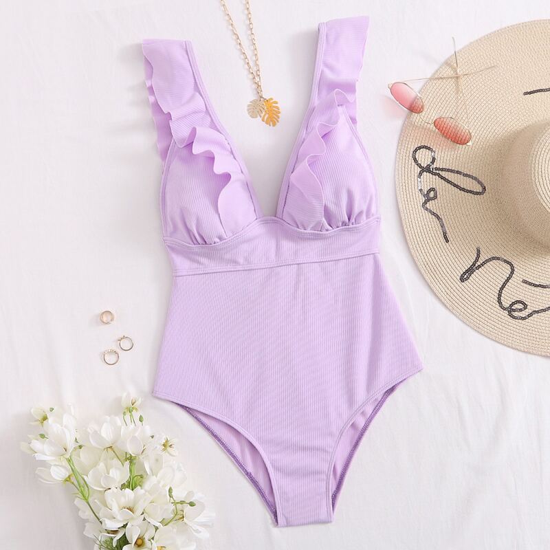 

Textured Ruffle One Piece Swimsuit, Pastel lilac purple