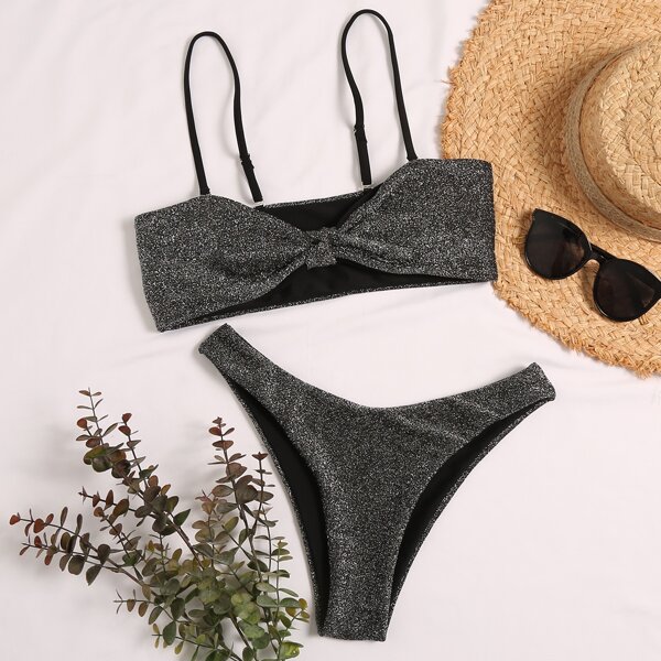 

Glitter Knot Detail High Cut Bikini Swimsuit, Black