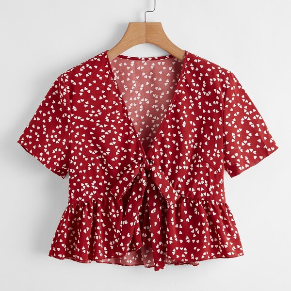 

Confetti Heart Tie Front Peplum Blouse, Burgundy
