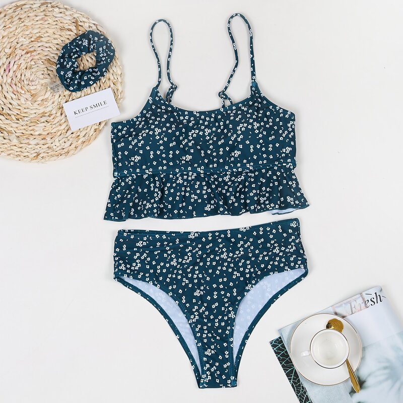 

Ditsy Floral Ruffle Hem Bikini Swimsuit & Scrunchie, Dark green