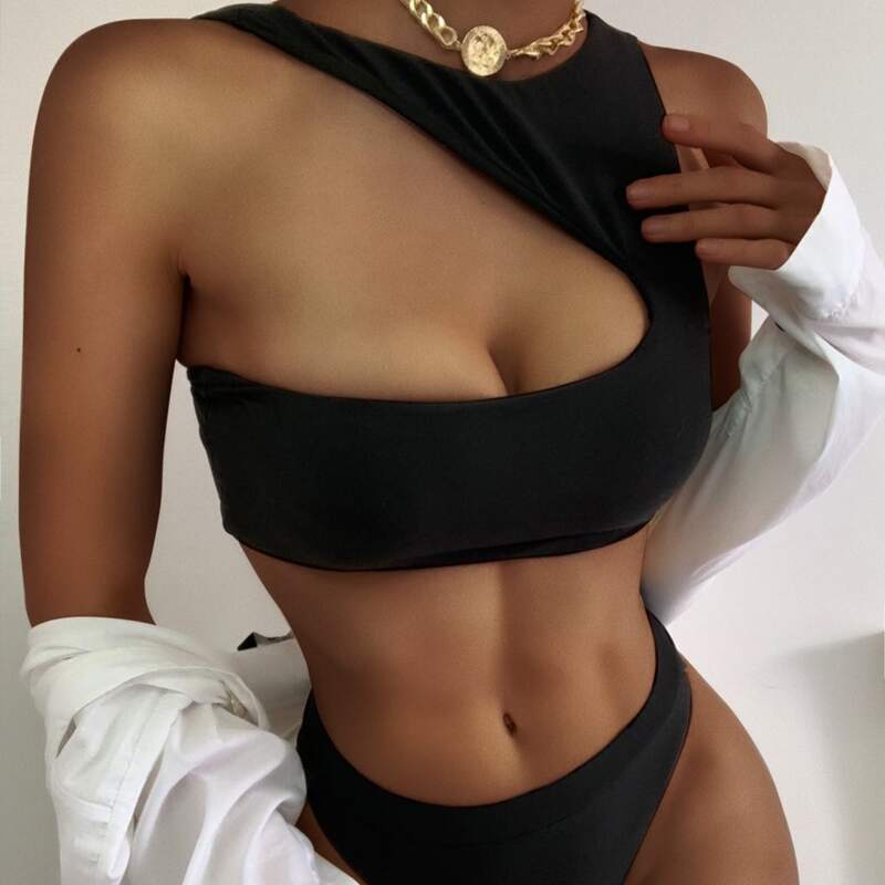 

Cut-out One Shoulder Bikini Swimsuit, Black