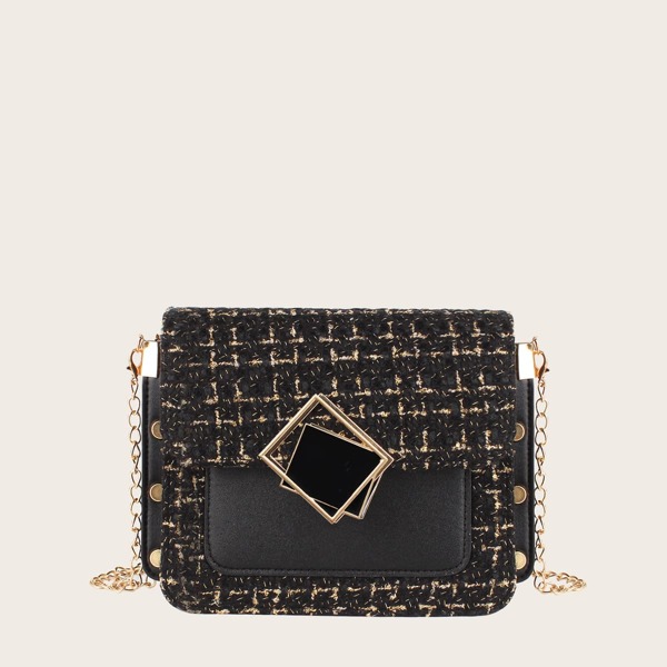 

Tweed Flap Chain Crossbody Bag, Black