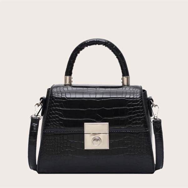 

Croc Embossed Top Handle Satchel Bag, Black