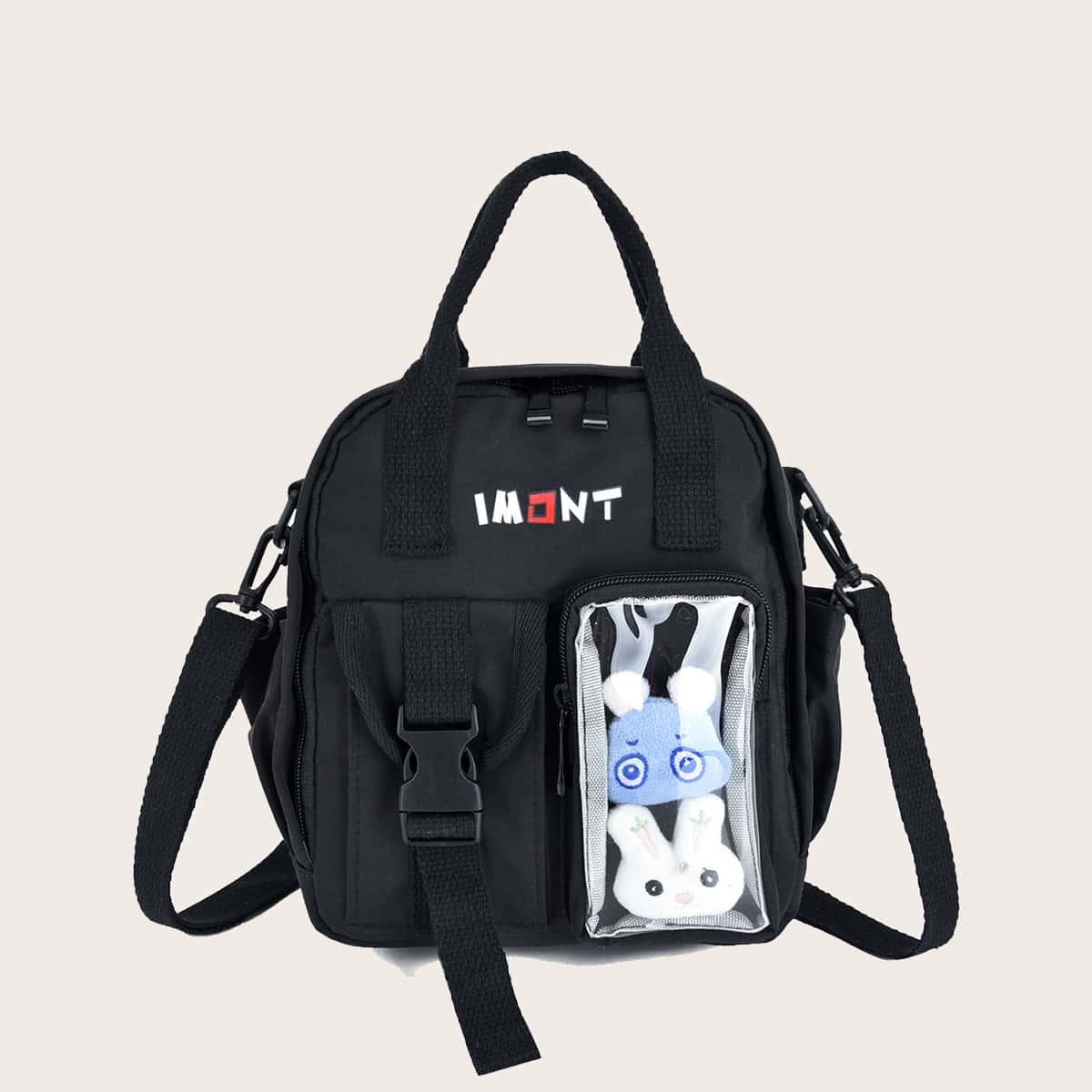 

Cartoon Decor Release Buckle Front Backpack, Black