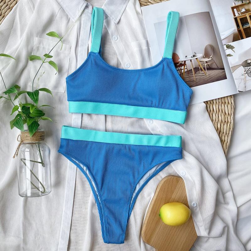 

Rib Color Block Bikini Swimsuit, Blue