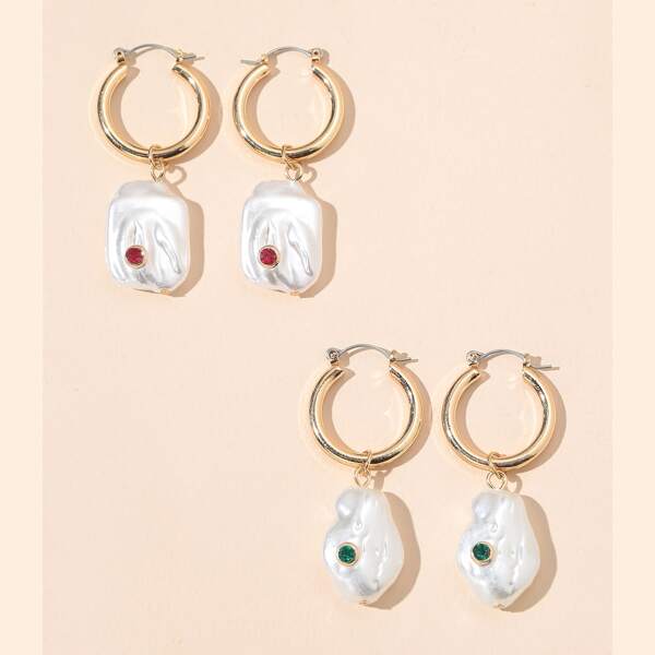 

2pairs Faux Pearl Round Drop Earrings, White