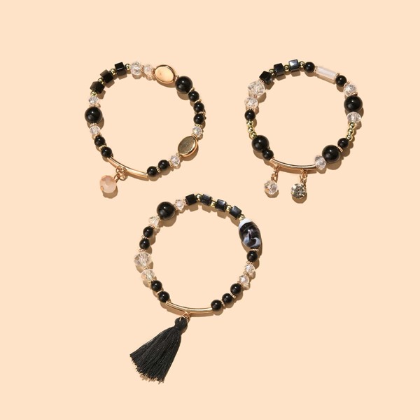 

3pcs Tassel Charm Beaded Bracelet, Multicolor