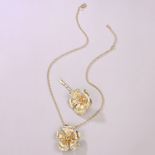 

2pcs Rhinestone Flower Decor Necklace & Hair Clip, Gold