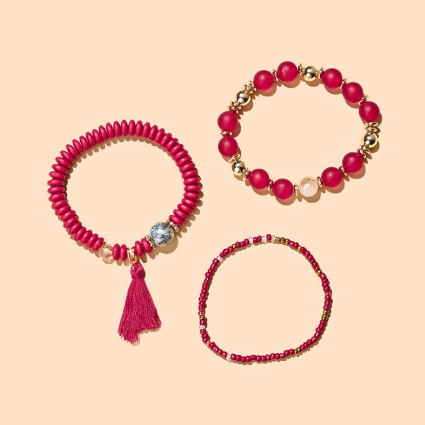 

3pcs Tassel Charm Beaded Bracelet, Multicolor