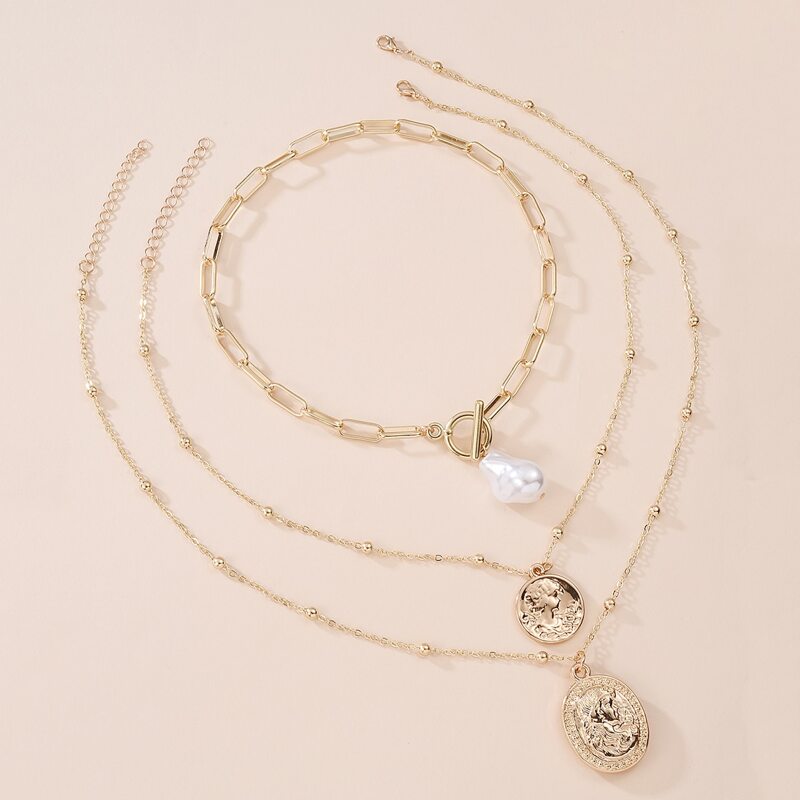 

3pcs Faux Pearl Coin Decor Necklace, Gold