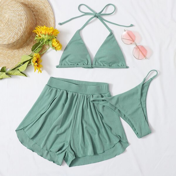 

3pack Rib Triangle Thong Bikini Swimsuit, Mint green