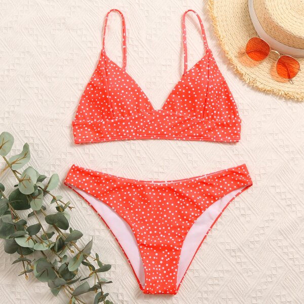 

Polka Dot Triangle Cheeky Bikini Swimsuit, Red bright