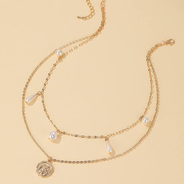 

Faux Pearl Decor Layered Necklace, Gold