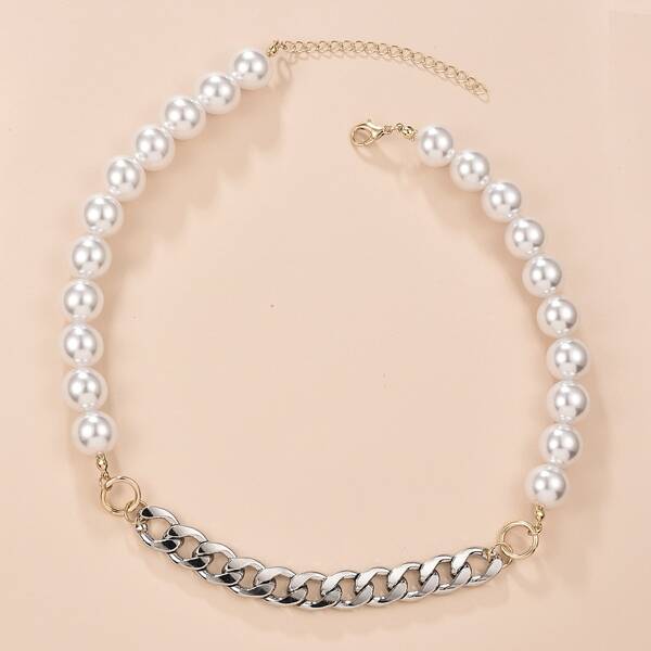 

Faux Pearl Chain Necklace, White