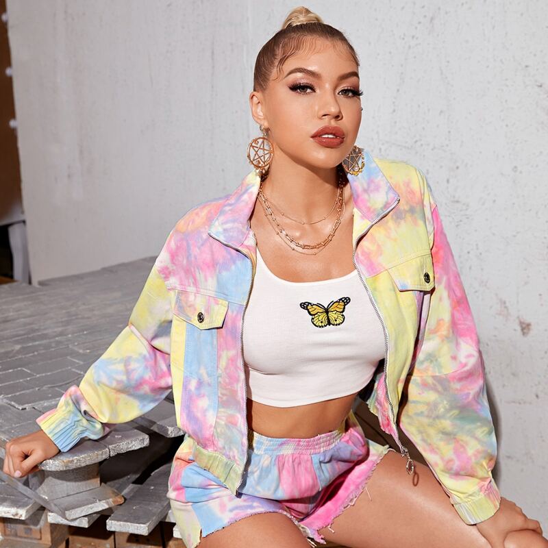 

Zip Front Tie Dye Denim Jacket, Multicolor