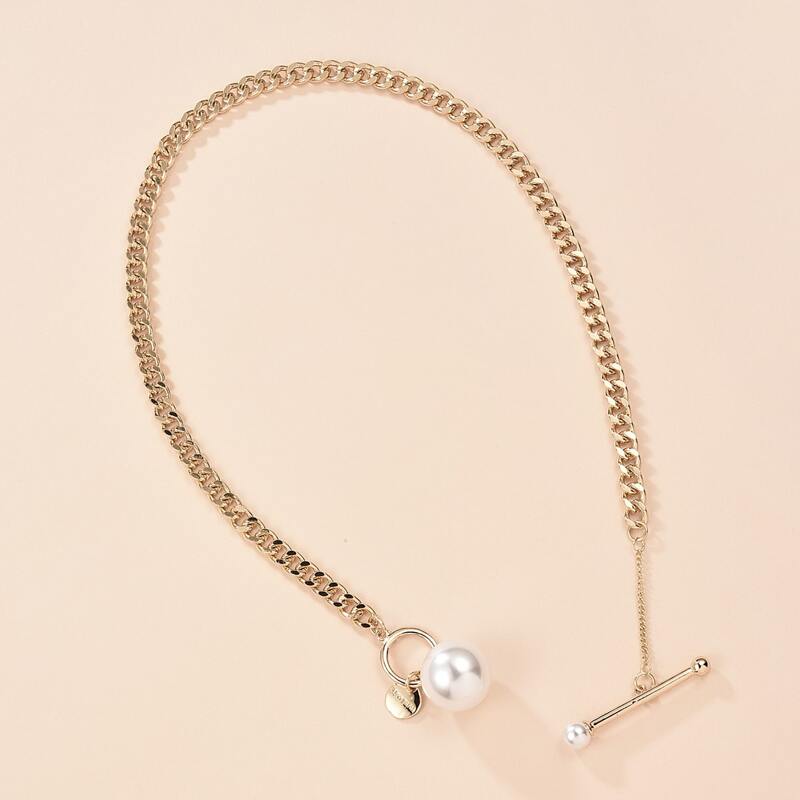 

Faux Pearl Disc Chain Necklace, Gold