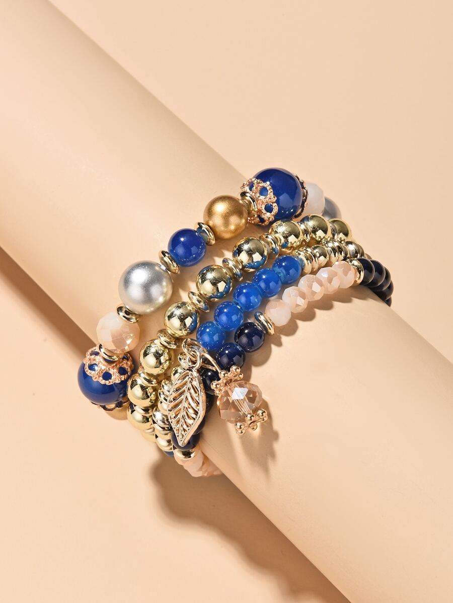 4pcs Random Leaf Charm Beaded Bracelet Leaf Crystal Pendant Bracelet Boho Round Beads Beaded Bracelet Set Fashion Jewelry Accessories - Multicolor - View 1