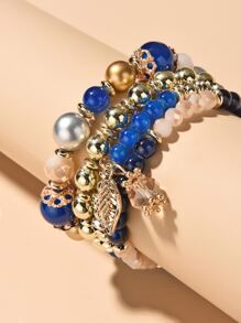 4pcs Random Leaf Charm Beaded Bracelet Leaf Crystal Pendant Bracelet Boho Round Beads Beaded Bracelet Set Fashion Jewelry Accessories - Multicolor - View 2