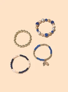 4pcs Random Leaf Charm Beaded Bracelet Leaf Crystal Pendant Bracelet Boho Round Beads Beaded Bracelet Set Fashion Jewelry Accessories - Multicolor - View 3