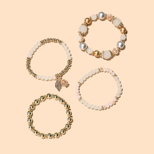 

4pcs Leaf Charm Beaded Bracelet, Multicolor